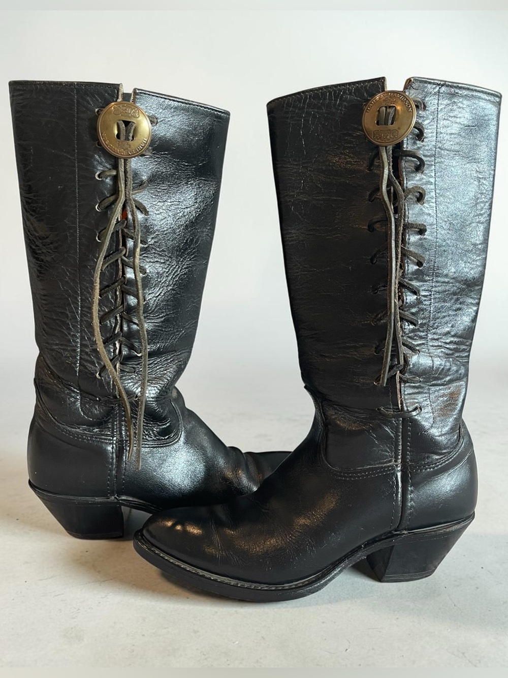 Harley Davidson 80’s Vintage Leather, Side Lace Concho Boots, Black, Western, 9
